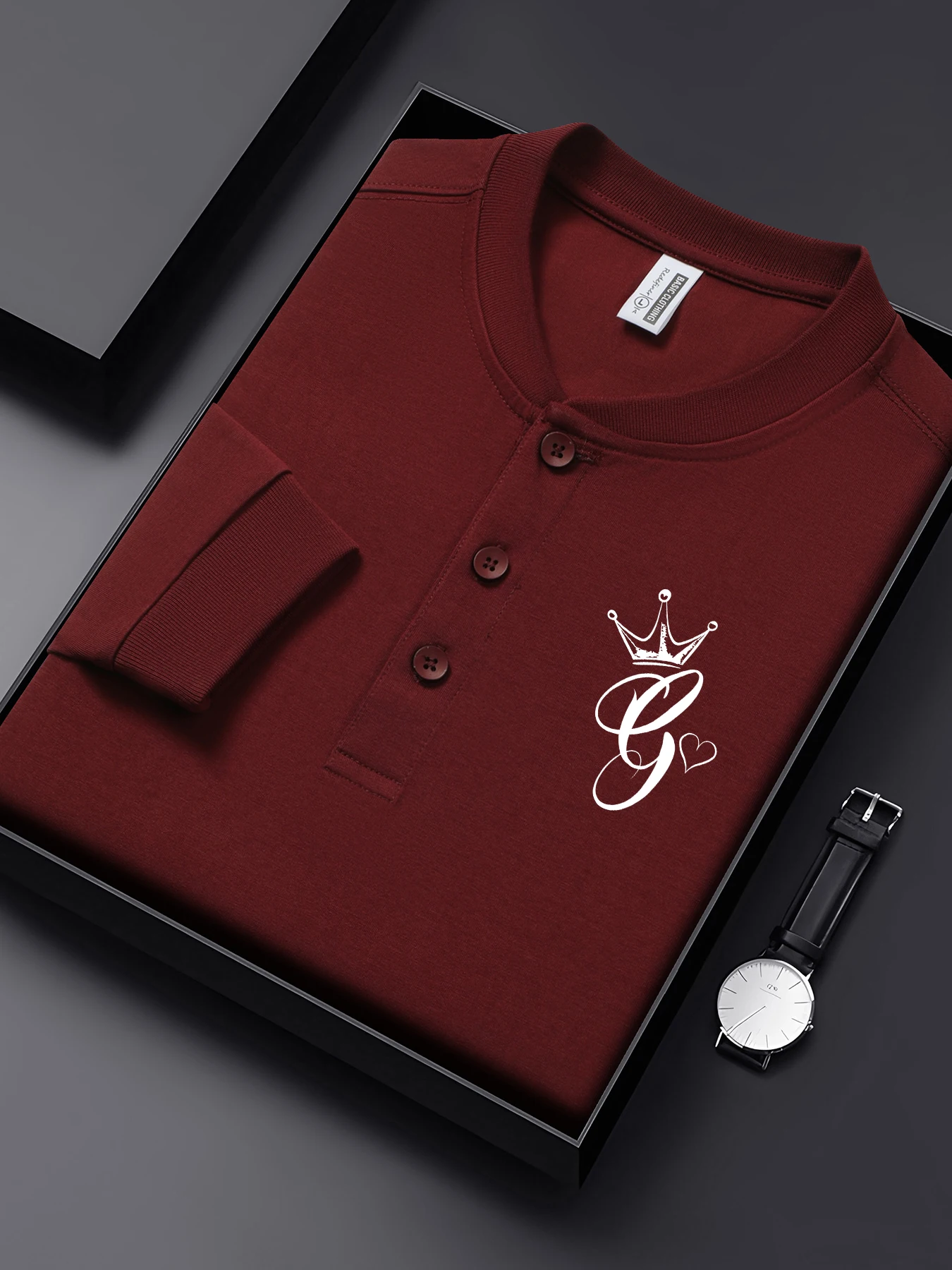 

Мужская рубашка на пуговицах с короной и сердечком, буквой G, повседневные деловые футболки, хлопковая уличная одежда с вырезом Генри, осенняя одежда