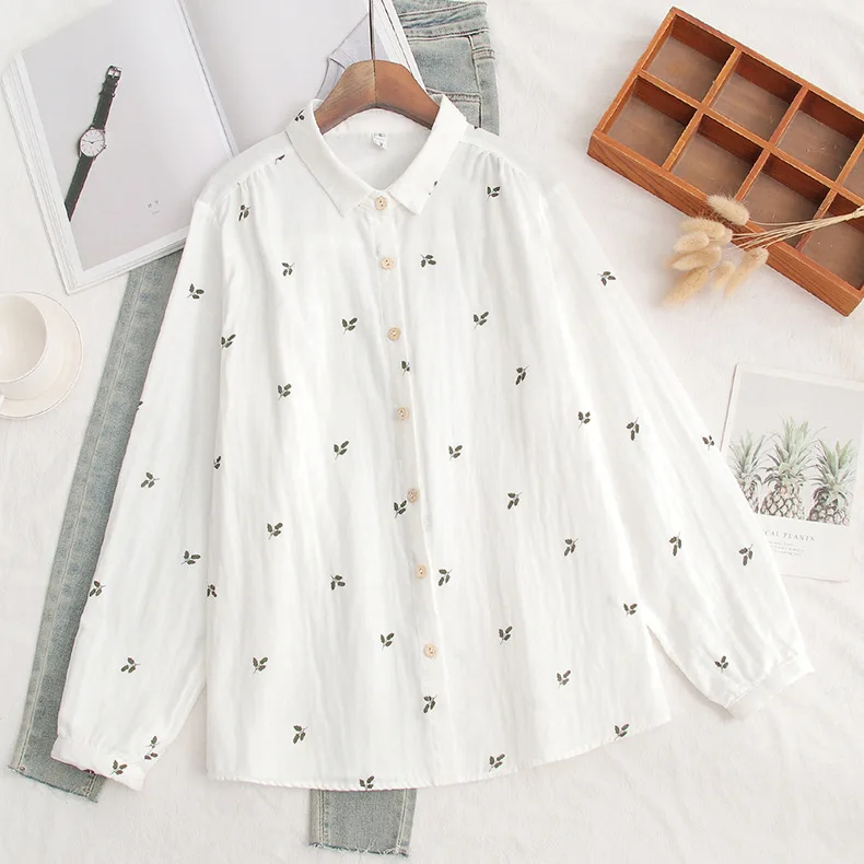 ‌ Damska koszula z długim rękawem na wiosnę i jesień 2025, z kwiatowym wzorem i nadrukiem w kropki, świeża, bawełniana, luźna, biała koszula i top, wielofunkcyjna.
