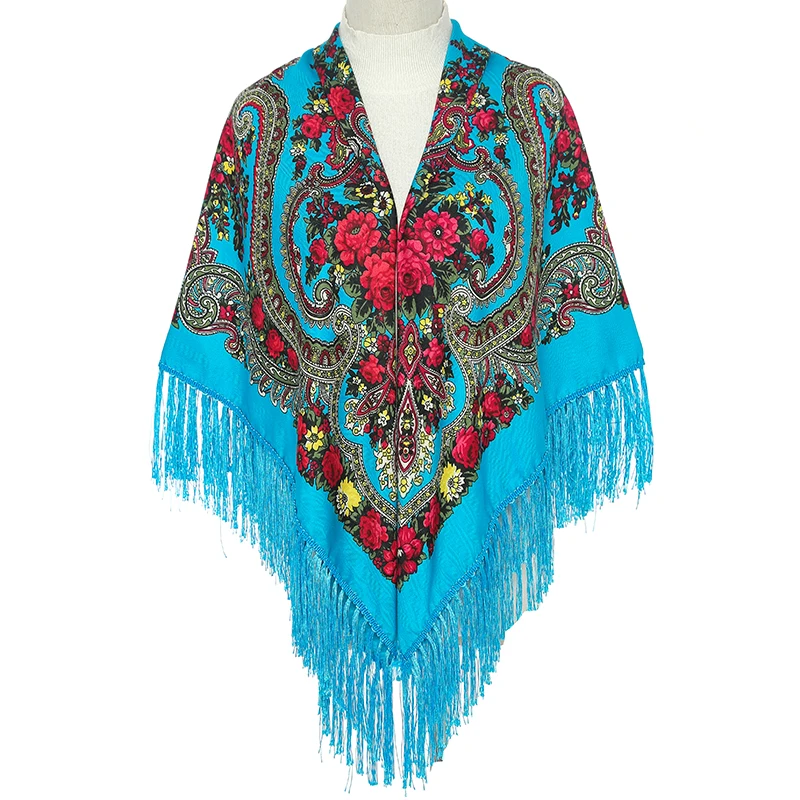 51*51in Women Scarf Square Shawl Retro Fringed Cotton Print Scarves Hijab Wraps Russian Ukrainian embroidery Cape Bandana