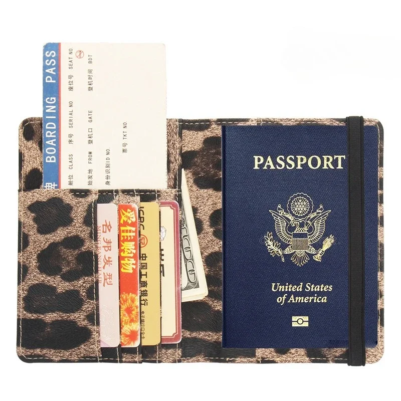 

Leopard Print Passport Cover Case with Elastic Band Multi-Card Slots Secure Tie Closure Travel Tickets Card Passpor Holder Case