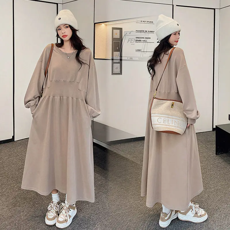 

Spring 2023 Large Size Patchwork Waistband Long Sleeved Women's Sweatshirt Dress Loose O-Neck Casual Female Midi Dress Z141