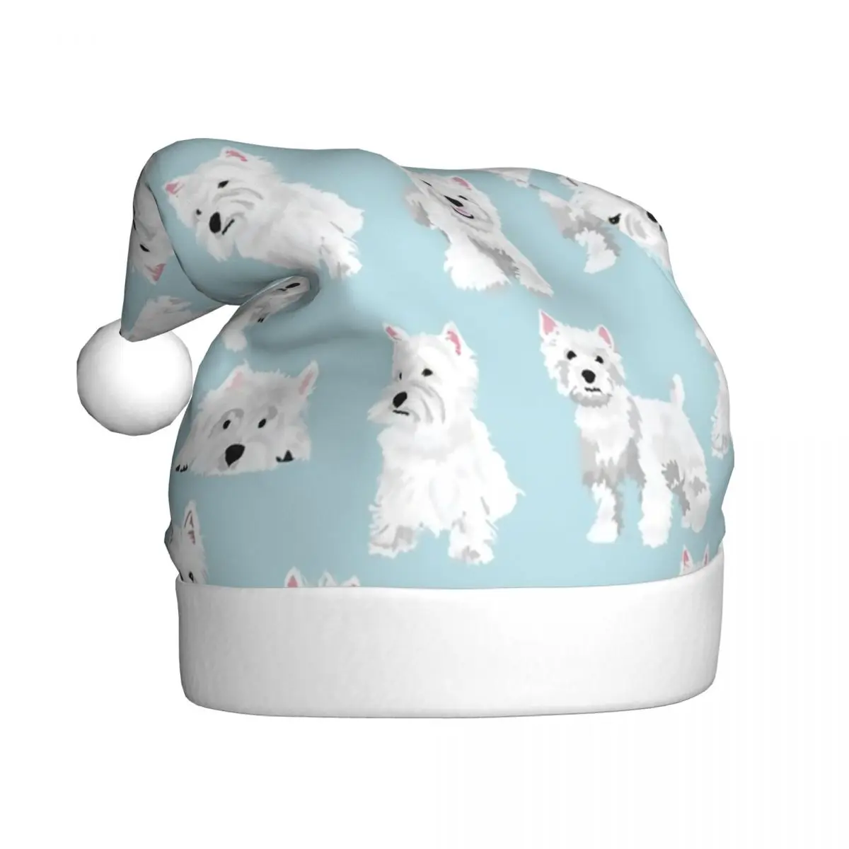 Westie Puppy Anime Cartoon Christmas Hats for Adult Men Women West Highland Terrier Dog Santa Hat Cap Holiday Party Supplies
