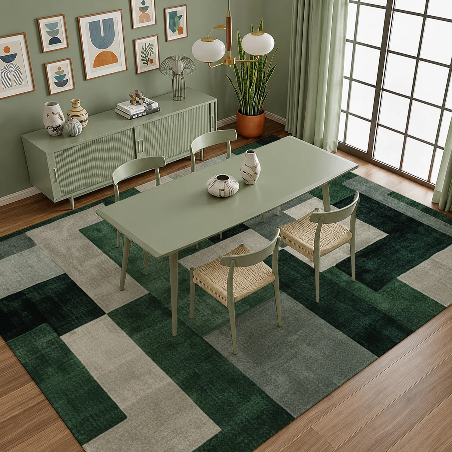 Large Indoor Area Rug, Soft Velvet Low Pile with Non-Slip Dotted Backing, Machine Washable Geometric Block Pattern in Emerald Green, Gray & Beige for Living Room and Bedroom