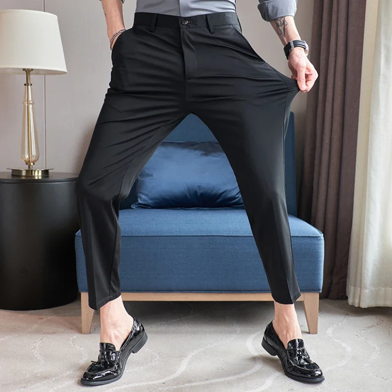 High Quality Summer Casual Business Suit Pants Mulberry Silk Elastic Ankle Length Office Social Dress Pants Wedding Trousers