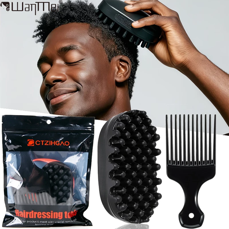 Silicone Magic Twist Hair Brush&Afro Pick Comb Set Portable Durable Wide Tooth Detangle Styling Tool for Curly Wig&Braiding Hair