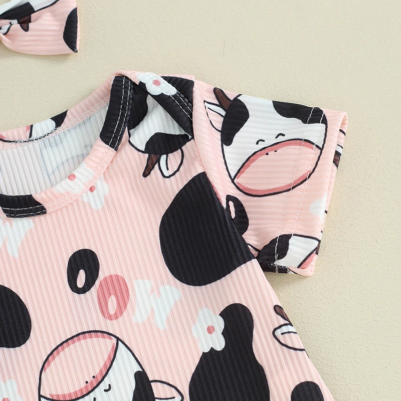 Baby Girl Clothes Cow Print Short Sleeve Knit Romper Bodysuit Shorts Headband Set Summer Outfit