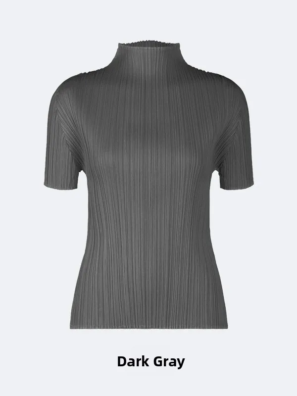 قميص تشينغبي بياقة عالية ضيق ذو لون واحد للربيع والصيف بتصميم رقيق وأنيق للعمل بأكمام قصيرة من ألياف البوليستر بنمط كلاسيكي