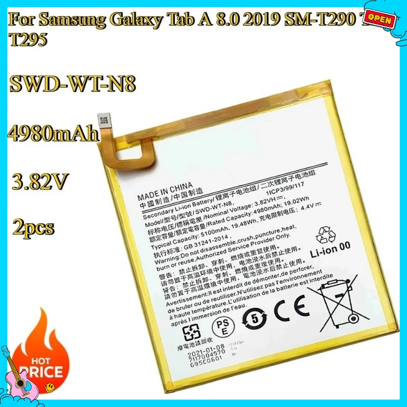 

New Replacement Battery SWD-WT-N8 4980mAh 3.82 For Samsung Galaxy Tab A 8.0 2019 SM-T290 T290 T295