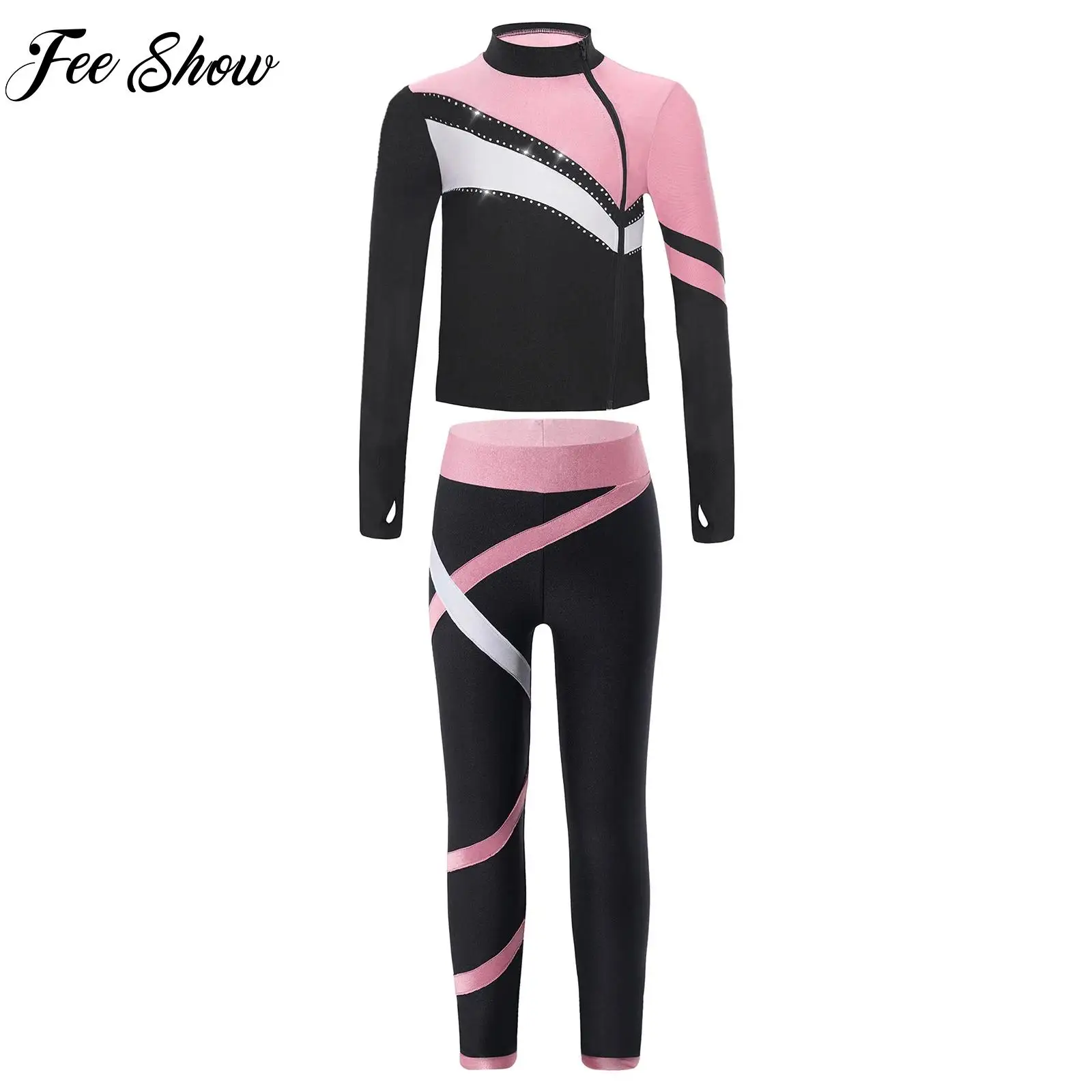 Kids Girls Athletic Zipper Outfit for Figure Skating Dance Competition Sparkly Rhinestones Sport Sweatshirt Tops with Leggings