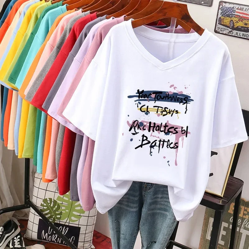 

Plus Size 6XL 150KG Summer Letter Women's Cotton Funny T-shirt Short Sleeve V Neck Lady Tops Large Size T Shirt Woman Clothing
