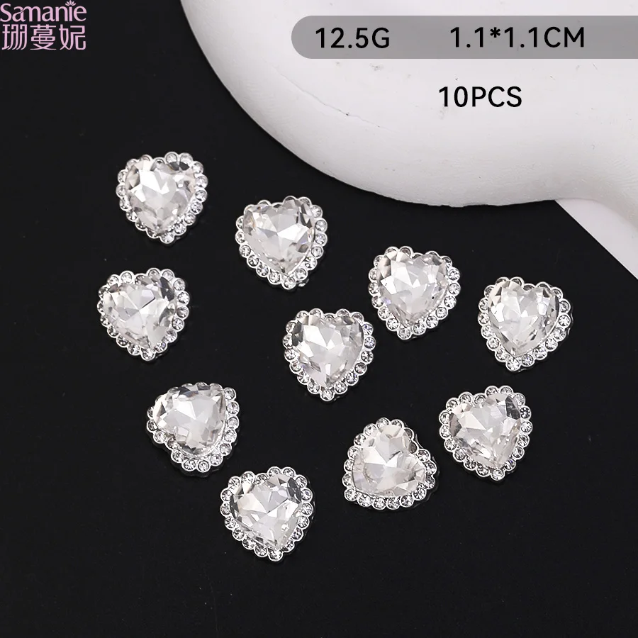 10Pcs 3D Heart Nail Charms, Silver Metal Setting Clear Heart Rhinestone Nail Diamonds for Nail Art & DIY Craft Decor Character c