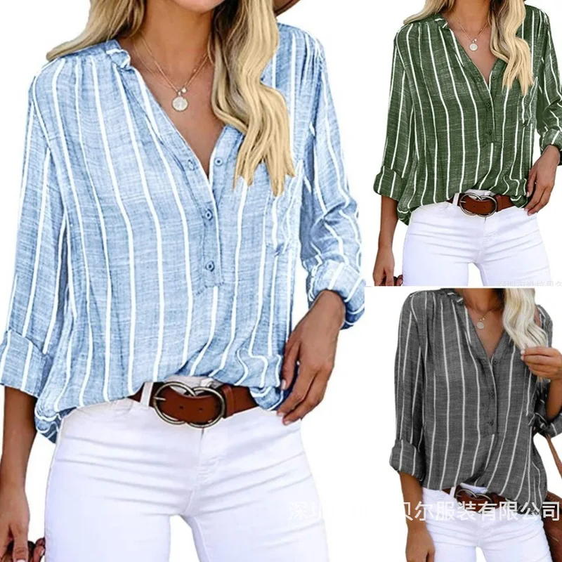 

Simple And Stylish Printed Striped Shirt For Women Camisa Manga Larga Mujer Blusas Рубашка С Воланами Женская