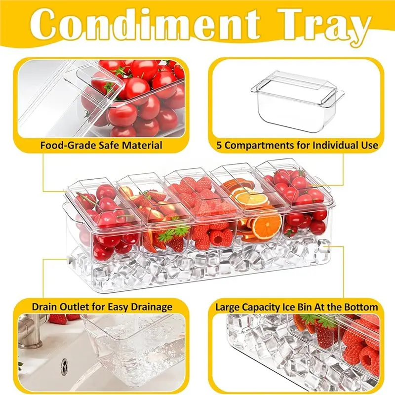 Condiment Tray,Chilled Condiment Server For Home,Bar Garnish Holder On Ice,With Removable Trays And Lids 5 Spoons 2 Tong