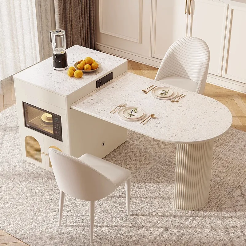 Retractable island rock slab dining table integrated light luxury oval home French