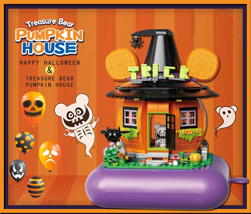 

All Saints Day Street View Ghost Pumpkin House Block Halloween Trick Or Treat Building Brick Cartoon Music Box Toy For Kids Gift