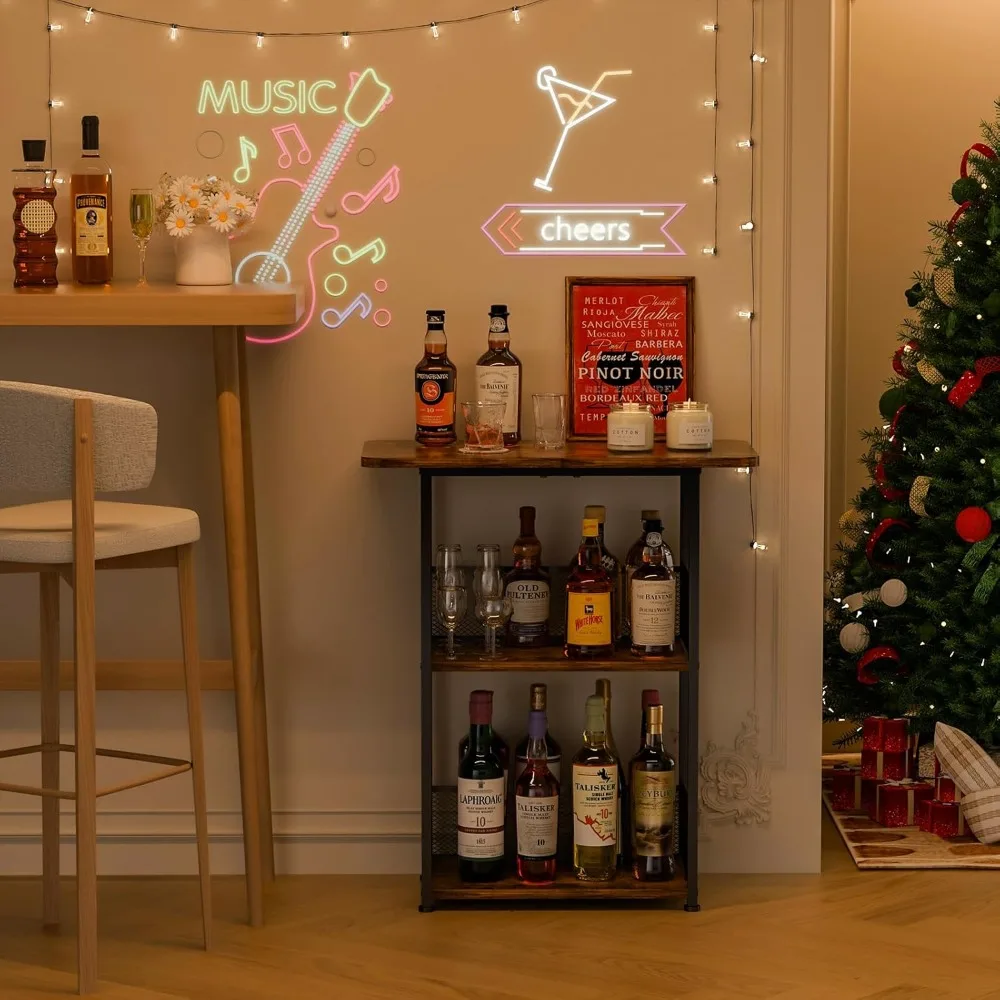 3-Tier Freestanding Whiskey Rack with T-Shaped Countertop, Space-Saving Corner Display for Wine Bottles and Bar Accessories