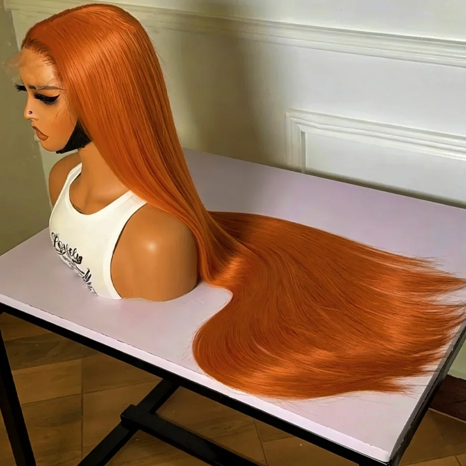 

350 цветных прямых оранжевых париков из натуральных бразильских волос с кружевной передней частью, 30 дюймов, 13x4, HD, прозрачные парики с кружевной передней частью для женщин