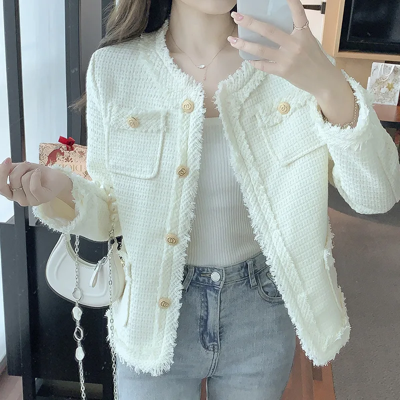 Advanced solid color tweed jacket, new spring and autumn women's jacket, small fragrant style short top