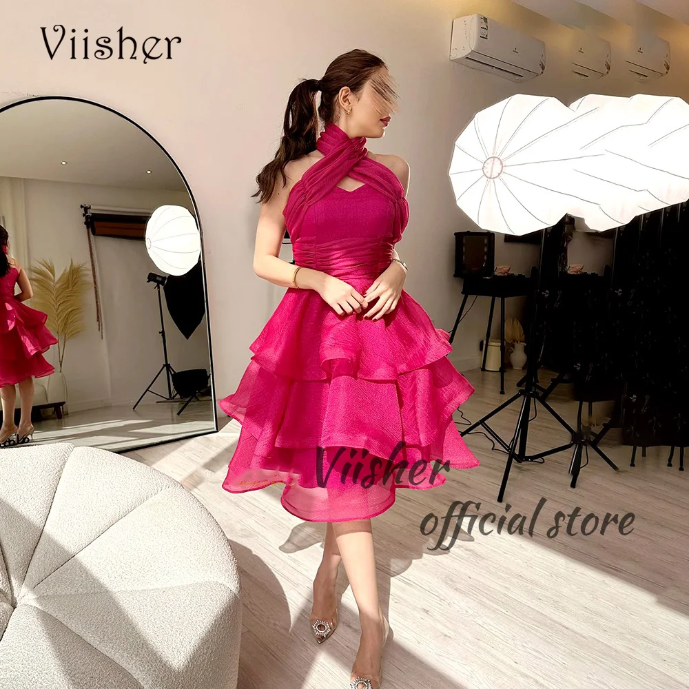 

Viisher Fuchsia Organza A Line Formal Evening Dresses Halter Pleats Tea Length Prom Dress Dubai Arabia Evening Party Gonws