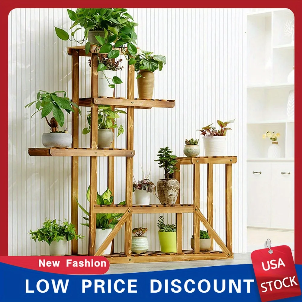 6 Tier Anti-Corrosion Wood Plant Stand Flower Multi Shelf Indoor Outdoor Garden