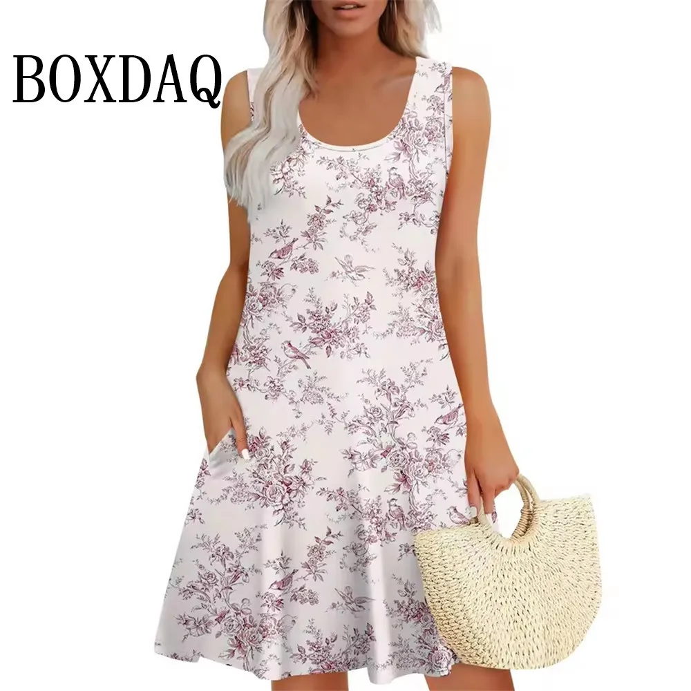 2025 New Womens Dresses Casual Summer Tank Boho Beach Short Dresses Vintage Flower 3D Printing Sleeveless Dresses Loose Sundress