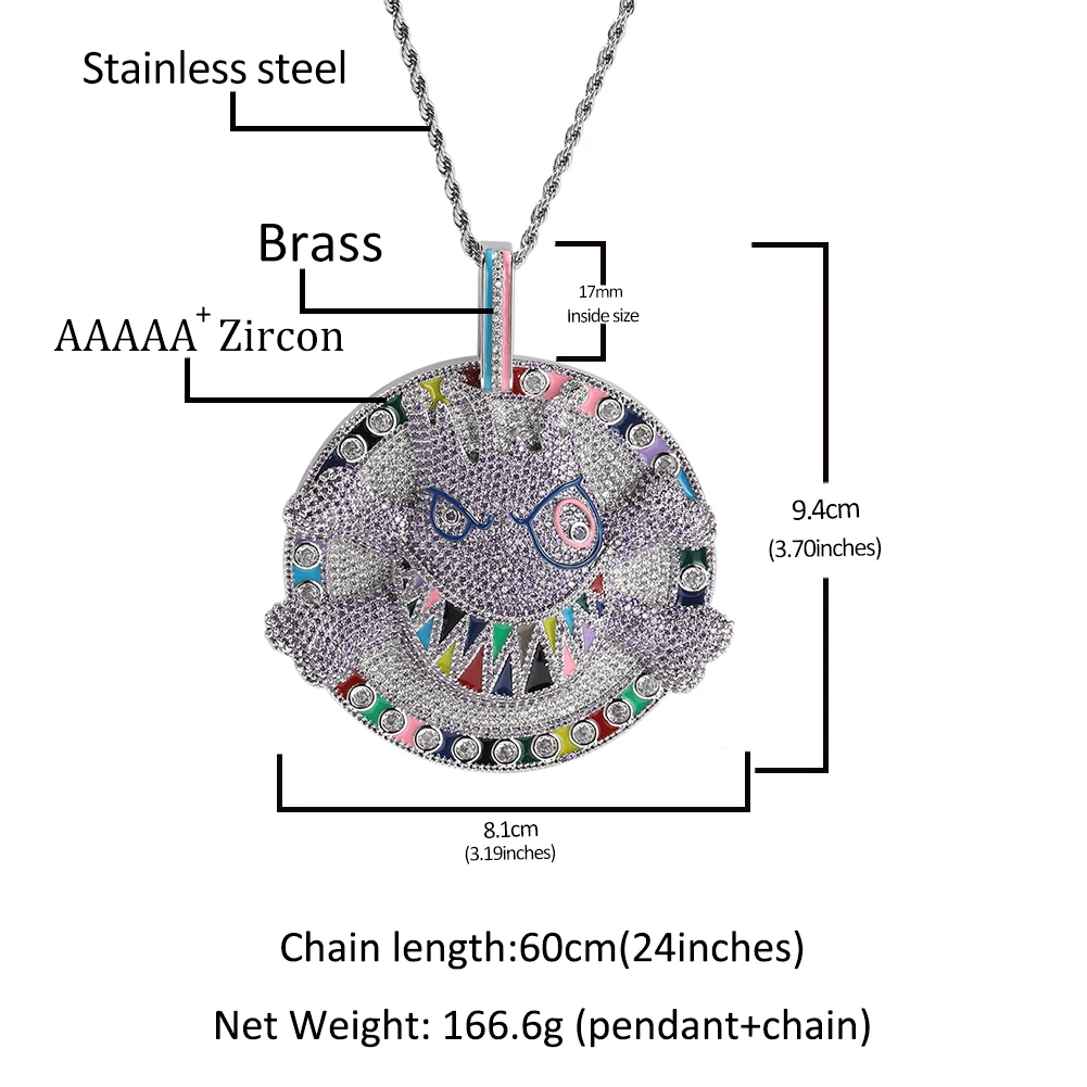 THE BLING KING Large Round Pirate Shark Pendant Necklace For Men Micro Paved Cubic Zirconia Colorful Teech Punk Hip Hop Jewelry