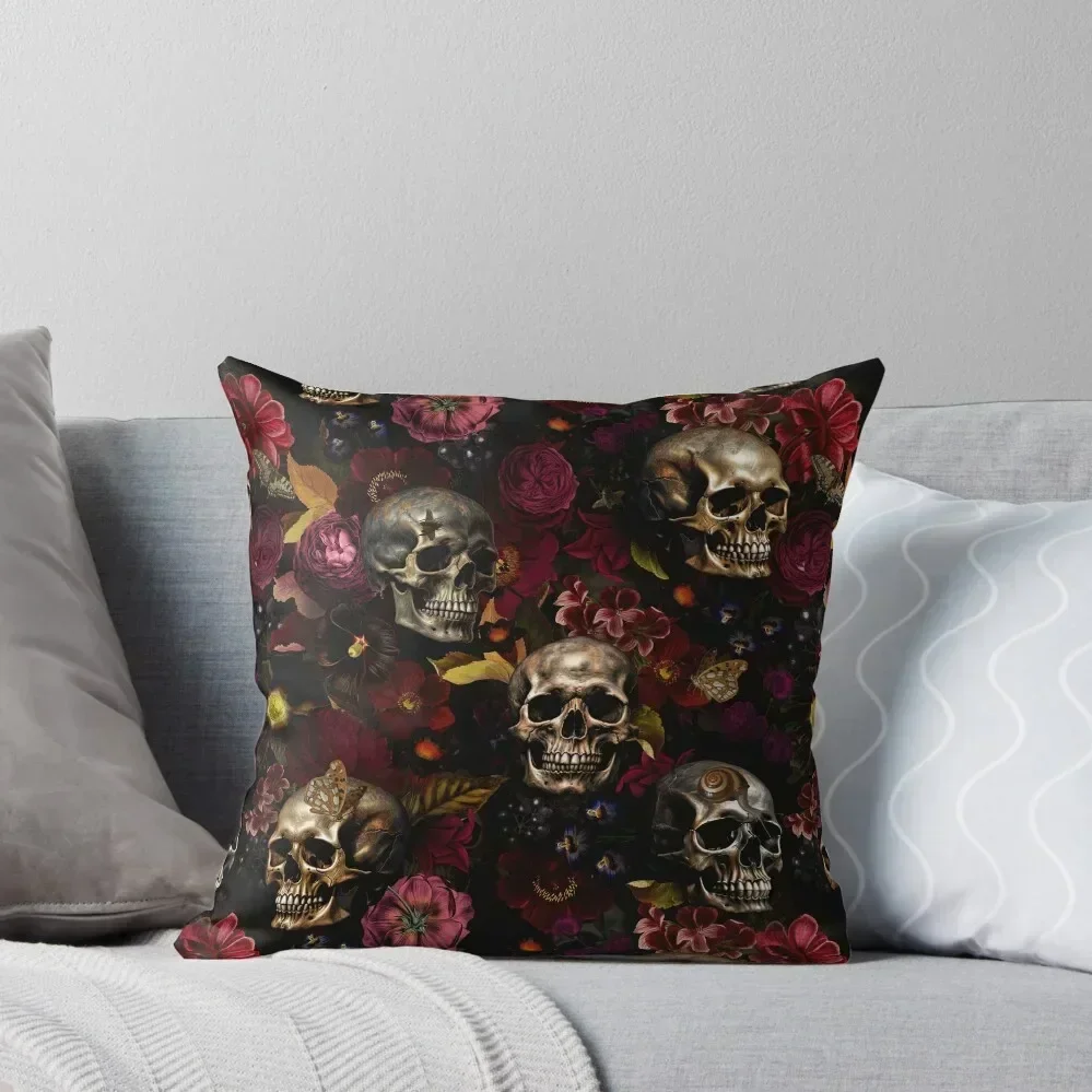 

Spooky Gothic Skulls And Flowers Botanical Night Garden Throw Pillow Plaid Sofa Sofa Cushion Anime pillow
