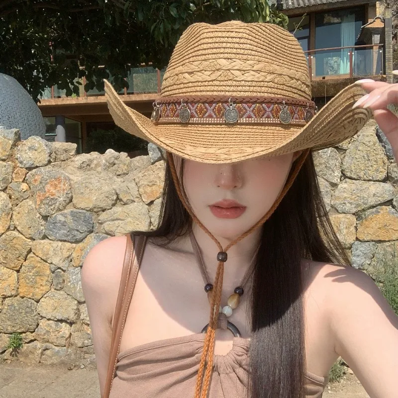 Summer Western Cowboy Straw Hat Wide Brim Face Slimming Beach Resort Ethnic Embroidery Belt Adjustable Chin Rope Outdoor Sun Hat