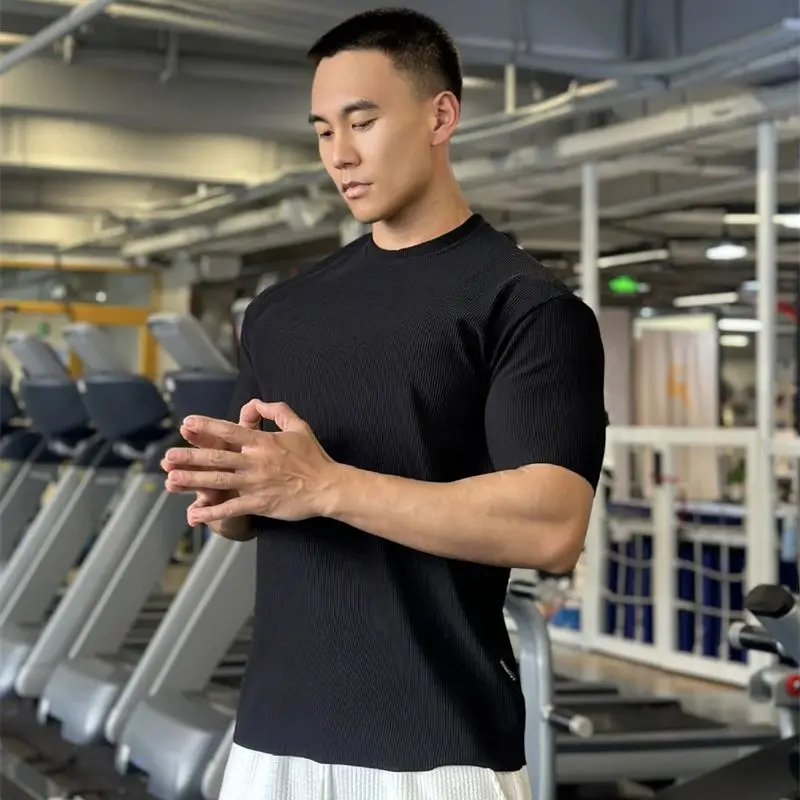 2024 summer new solid color vertical grain casual men's short-sleeved T-shirt top jogger elastic fitness crewneck sportwear