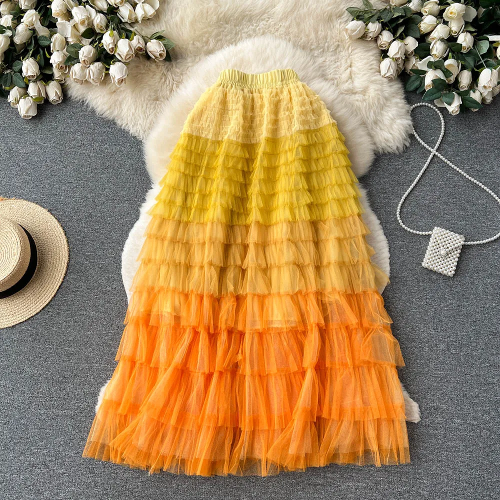 Gradient irregular mesh skirt women's mid length cake skirt  fluffy high waisted  slimming A-line fairy skirt