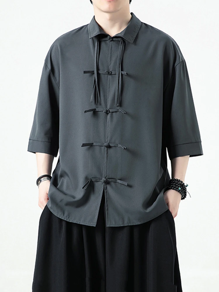 

Ice Silk Button up irt ort Sve Men's Summer Retro Sle Chinese New Version Hanfu Tang Costume Loose Fit Youth Trend