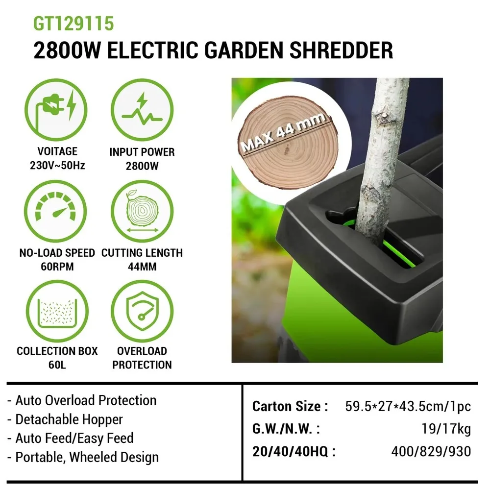Vertak 2800W Electric Garden Shredder Wood Chipper with Wheels & Collection Bag, Heavy Duty Yard Branch Shredder for