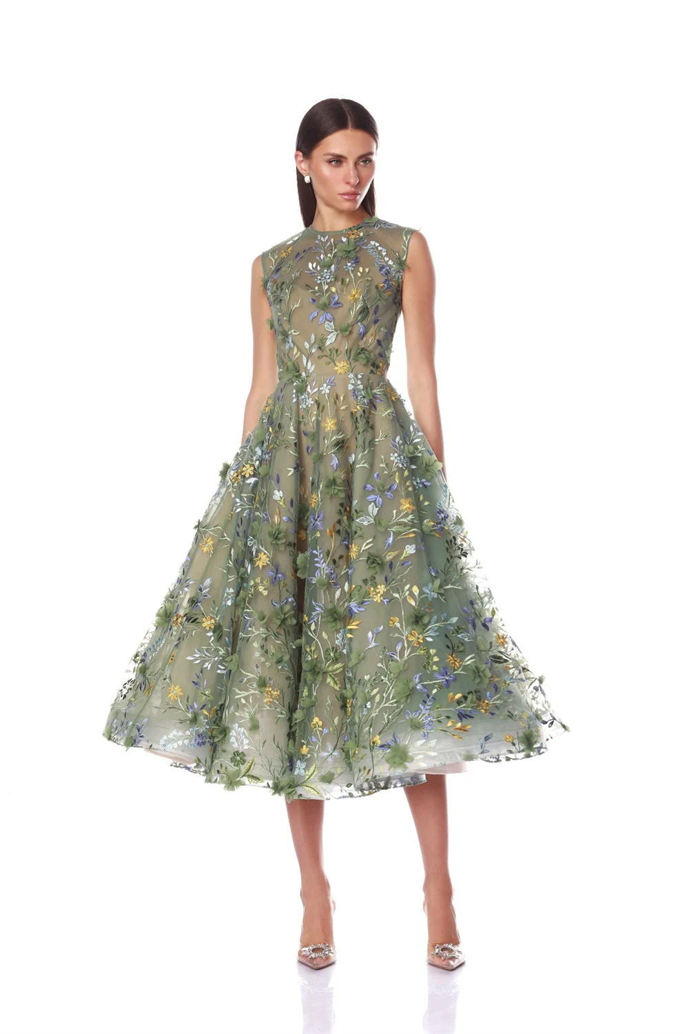 فستان كاثي مخصص باللون الأخضر برقبة دائرية ومطرز رائع للحفلات الراقصة بدون أكمام وسحاب خلفي من vestidos de noiva على شكل حرف a بطول الشاي Foraml 2025