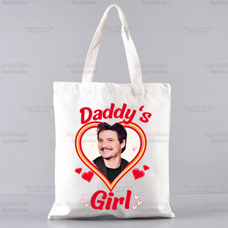 Pedro Pascal Vintage Daddy‘s Girl Canvas Shoulder Tote Bag Handbags Eco Reusable Shopping Bag Vintage Fashion Ulzzang Bags