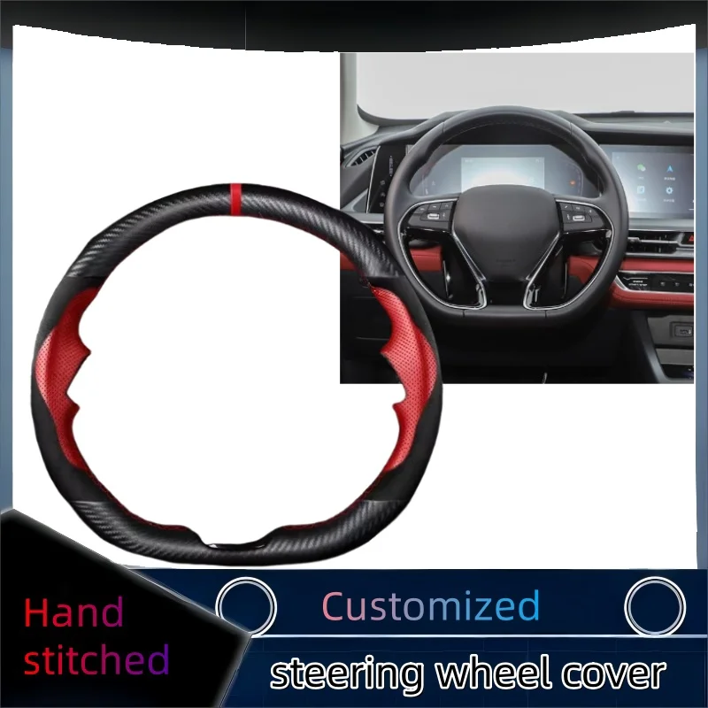 

Black Genuine Leather Carbon Fiber Hand-stitched Car Steering Wheel Cover For Changan CS75 Plus 2022 Car Interior Accessories