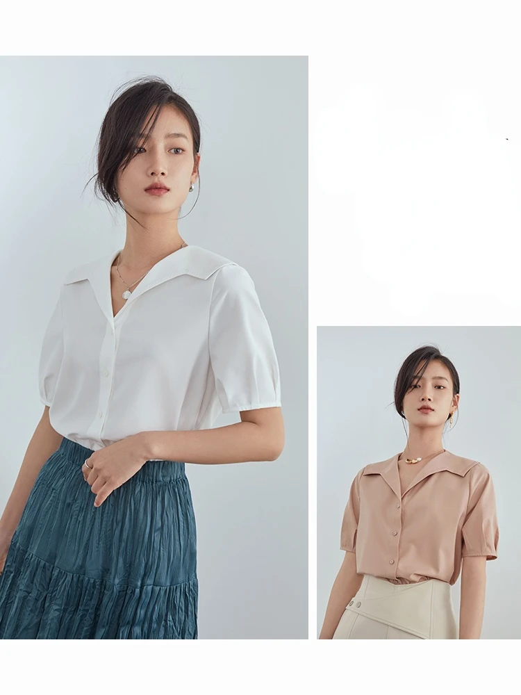 FSLE White Short-sleeved Shirt Female Design Sense Niche Professional Temperament Shirt Summer 2021 Women Tops