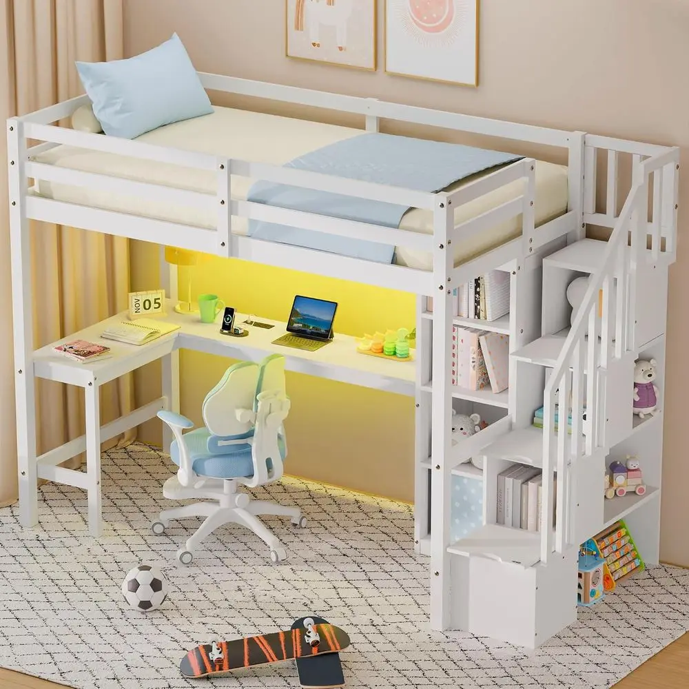 Twin Lot Bed with Stairs, Desk, LED Lights, Charging Station, Storage, High Guardrails for Kids and Teens