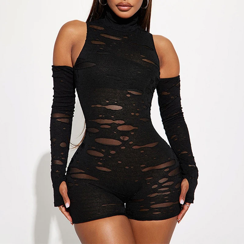 

BKLD Fashion Clubwear Women Short Jumpsuit 2024 Long Sleeve Mesh Patchwork See-through Off Shoulder Skinny Casual Sexy Playsuits