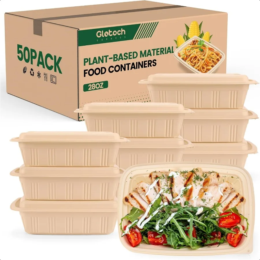 Paquete de 50 contenedores de preparación de comidas con tapas, contenedores de almacenamiento de alimentos de almidón de maíz de 28 oz, fiambrera plantada para ensalada BPA Fr, 100 piezas