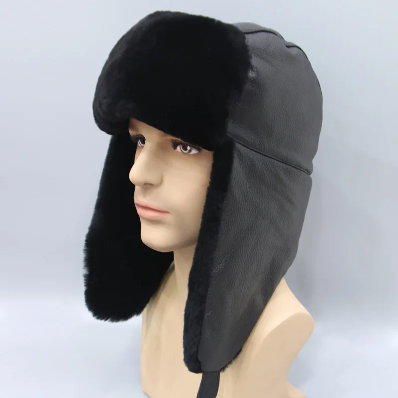 

Winter Sheepskin Bomber Hat Men's Thick Cotton Ear Protection Hat with Plush Insulation Caps High Quality