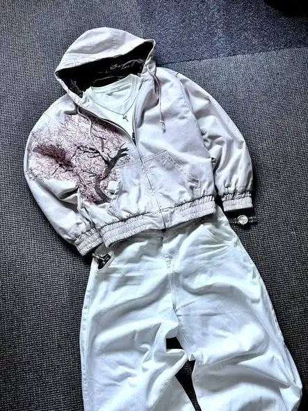 Harajuku Goth Y2k Coat Cherry Blossom Heavy Industry Embroidery Hoodies Flower Tree Pattern Street Style Women Zipper Jackets