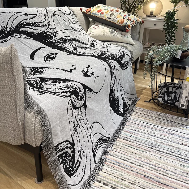 Goddess of Temperament Throw Blanket Sofa Decorative Slipcover Cobertor on Sofa Black White Non-slip Stitching Blankets