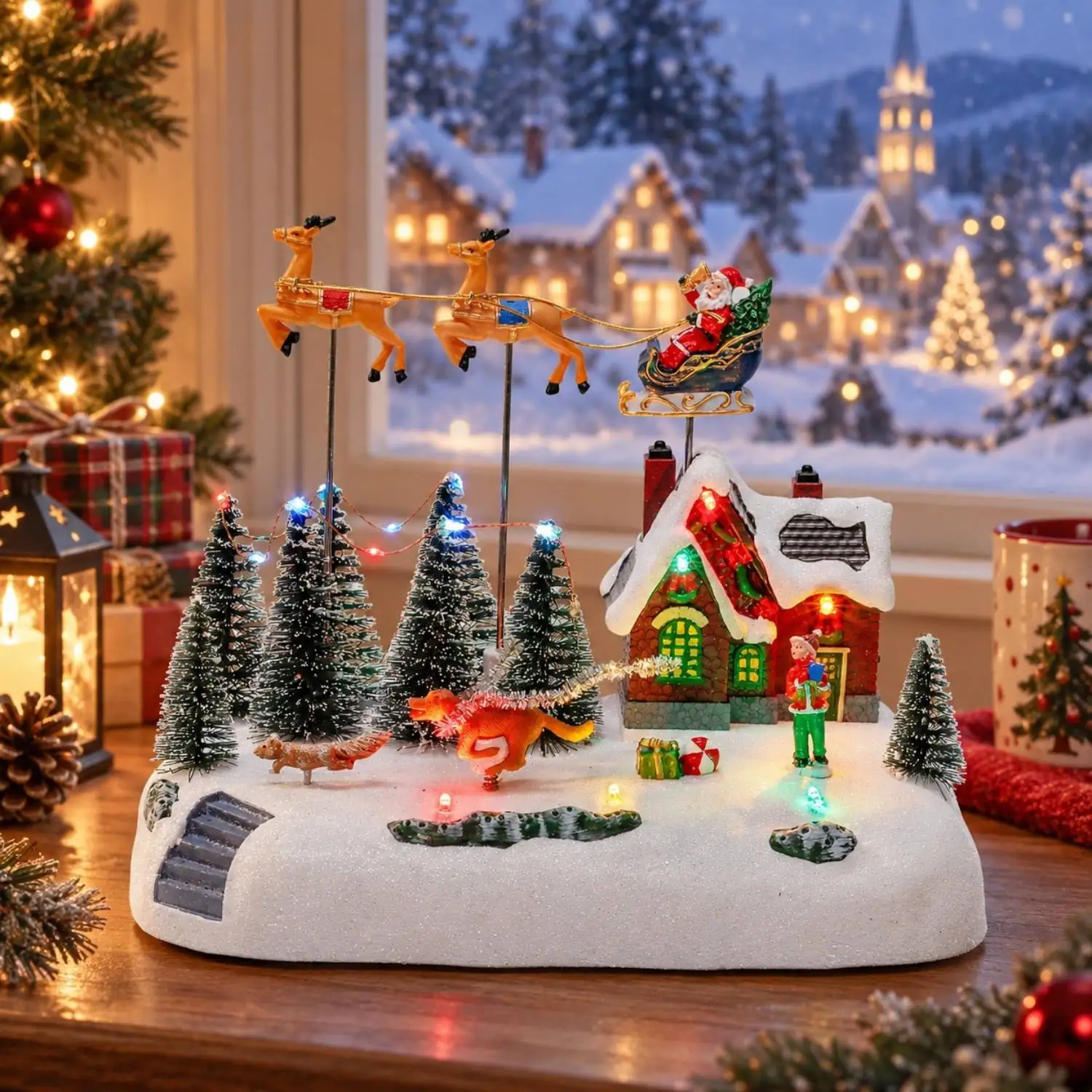 Animierter Weihnachtsmann-Schlitten mit Musiklichtern, Weihnachtsdorf-Dekoration, Snots on the Run, Figuren-Gebäude-Zubehör für den Innenbereich – Detail 3