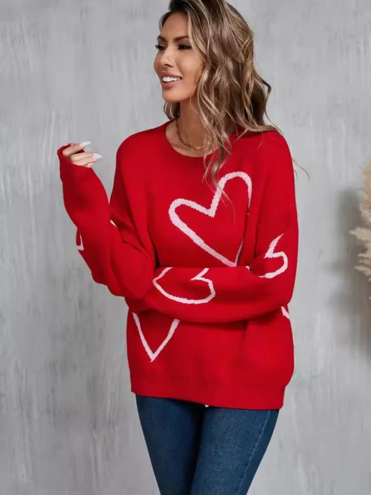 Heart-shaped Pattern Knitt Pullover Woman's Fashion O-neck Long Sleeves Color Matching Sweater Autumn Winter Lady Warm Sweaters