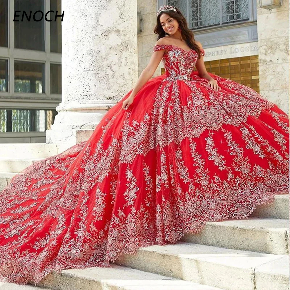 

ENOCH Exquisite Princess Quinceanera Dresses Sweetheart Off The Shoulder Appliques Lace Up Back Party Ball Gown Vestido De 15