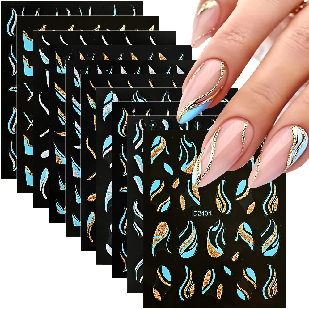 1 Uds. Pegatinas para uñas de línea francesa con purpurina de oro azul, línea ondulada, arco, calcomanías reflectantes plateadas para decoración de uñas, envolturas de manicura brillantes Starburst