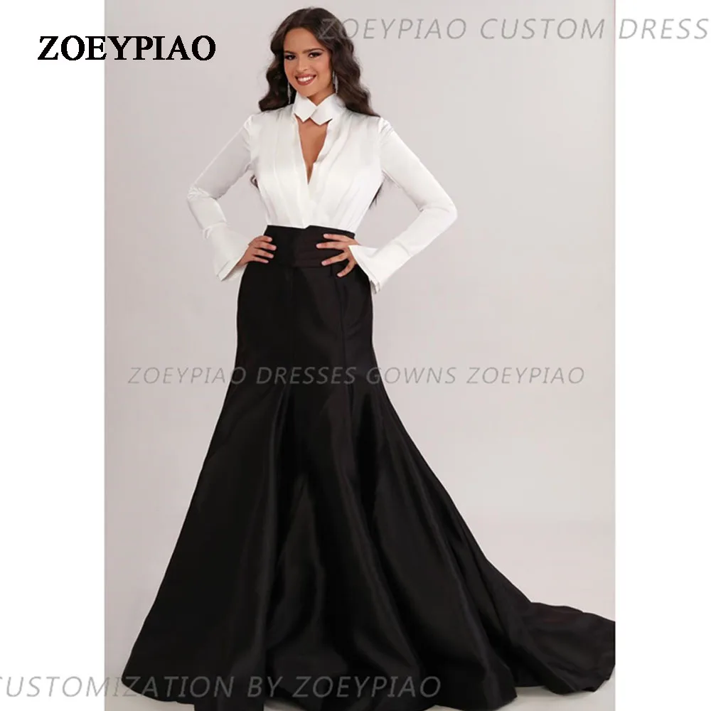 

Modern Black/White A Line Long Satin Prom Dresses High Neck Evening Gowns Arabic Women Formal Event Party Dress Elegant