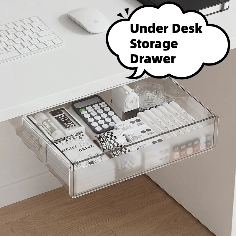 Under Desk Drawer Punch Free PET Clear Under Table Hidden Storage Tray Pull Out Organizer For Office Small Items Storage Box