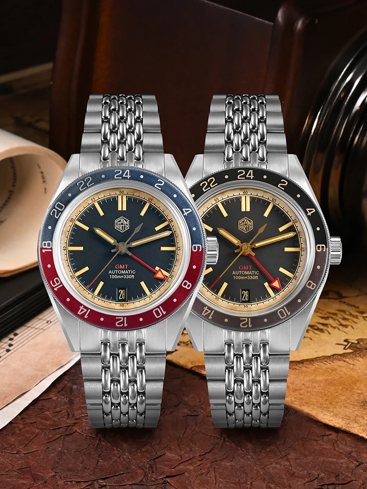 San Martin jam tangan pria, Bezel aluminium antik Distressed NH34 GMT mekanis otomatis Retro tahan air safir 100m SN0116