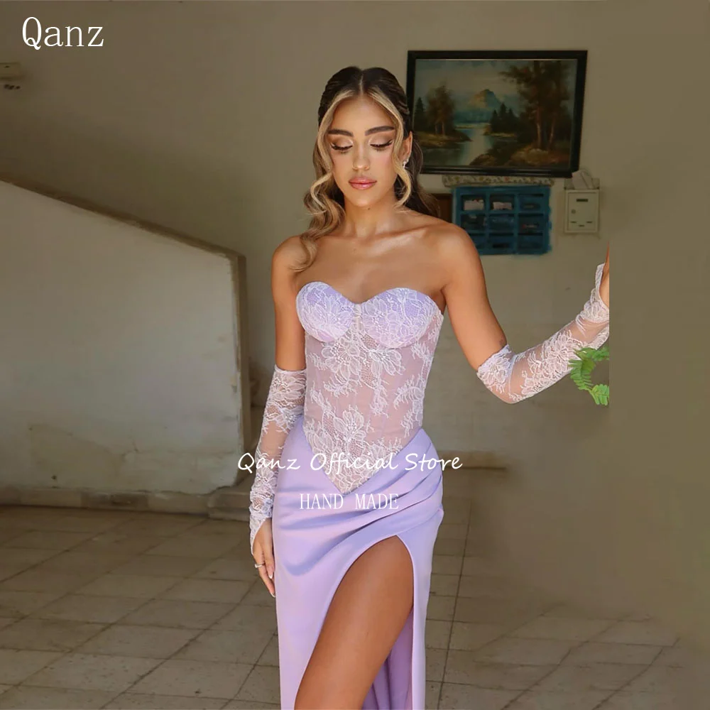 

Qanz Lilac Mermaid Evening Dresses Sweetheart Sheer Lace Backless Elegant Dresses For Special Event Slit Part Gown Customized